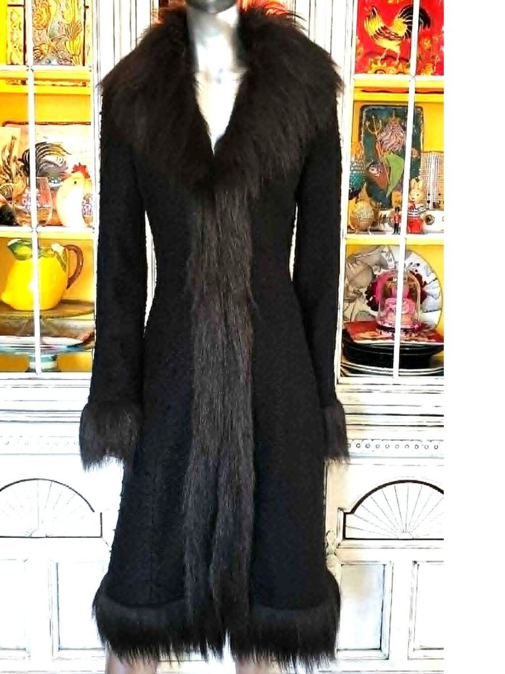 Vintage Betsey Johnson New York 90s Black Faux Fur Long Midi Duster Coat Jacket - Picture 5 of 16